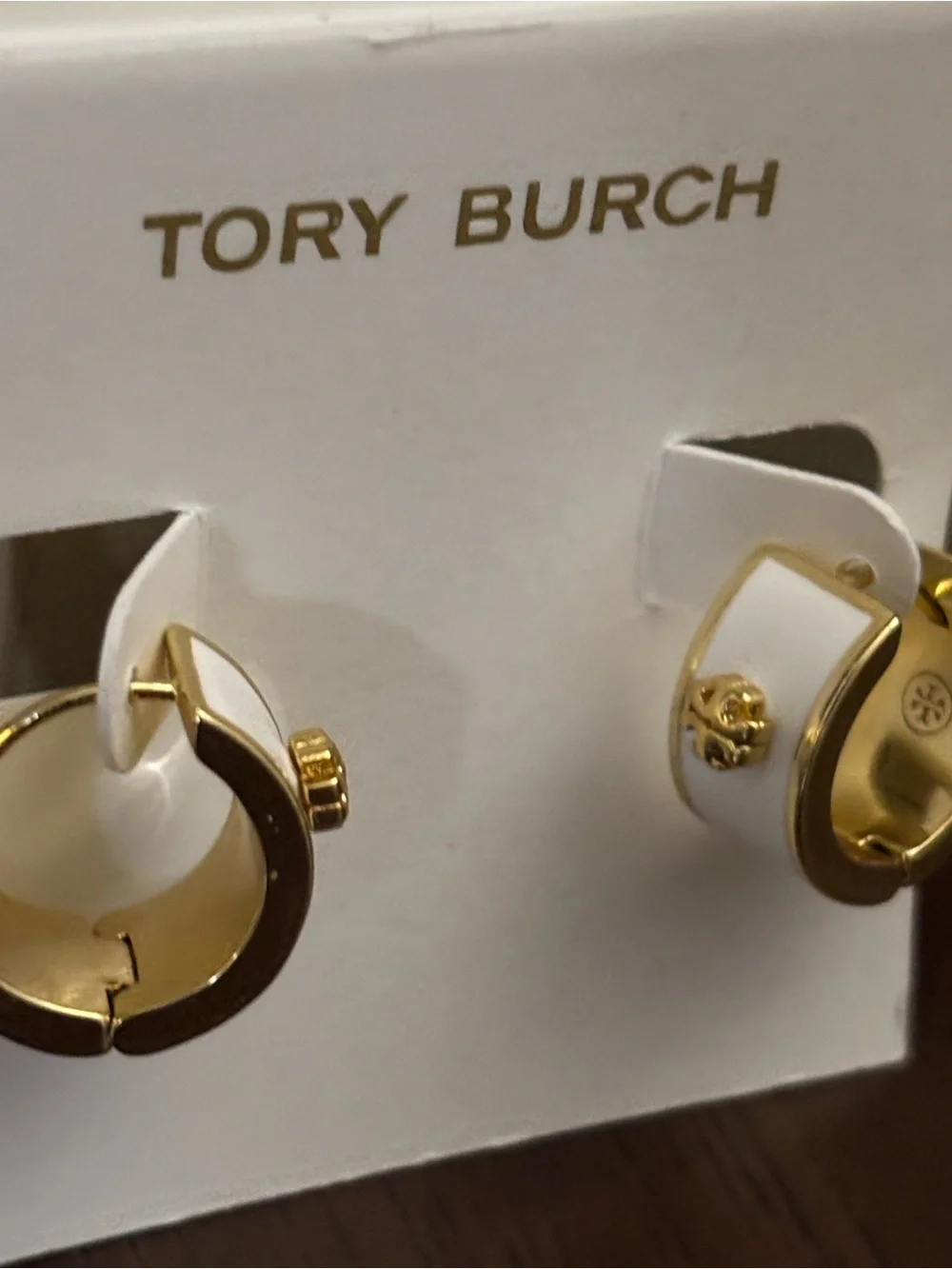 Tory Burch Shiny Gold Mini Hoop Earrings with white enamel brand new